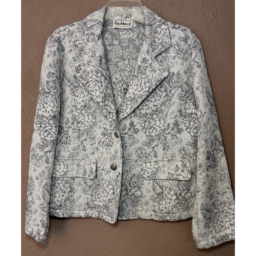Flashback VTG Metallic Silver & Black Brocade Jacket Blazer Cotton Blend Women L